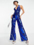 Фото #1 товара ASOS DESIGN embellished plunge halterneck jumpsuit in blue square sequin