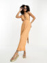 Фото #1 товара ASOS DESIGN crinkle plunge midi sundress with wrap waist detail and fringe tie in camel