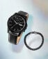 ფოტო #5 პროდუქტის Men's Three-Hand Day-Date Quartz Black Leather Watch 44mm and Black Stainless Steel Bracelet Set