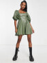 Фото #4 товара ASOS DESIGN Petite leather look babydoll mini skater dress in olive