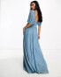 Little Mistress Bridesmaids bardot gathered maxi dress in mesh in blue