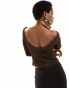 COLLUSION long sleeve slash neck shimmer top in brown M - фото #6