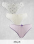 Фото #1 товара ASOS DESIGN 3 pack brief with lace trim in grey polka dot, white & lilac pointelle