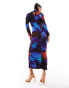 Daska long sleeved ruched midi dress in navy print