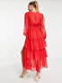 Фото #2 товара Miss Selfridge chiffon dobby tiered maxi dress in red