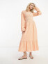 Фото #1 товара Monki long sleeve midi dress with ruffled hem in orange gingham