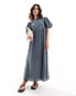 ASOS DESIGN double cloth midi smock dress with puff ball sleeves in denim blue Синий, 46 - фото #1