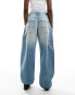 Bershka adjustable waist carpenter jeans in mid wash blue