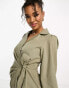 Miss Selfridge poplin wrap shirt dress in khaki