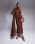 ASOS DESIGN lace sleeveless ruched drape detail midi dress in chocolate brown