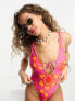 Фото #1 товара Reclaimed Vintage tie front swimsuit in bandana paisley print