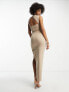 Фото #3 товара ASOS DESIGN Tall bengaline one shoulder wrap neck bodycon midi dress with split in camel