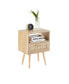 Rattan End Table With Drawer And Solid Wood Legs, Modern Nightstand, Side Table