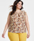 ფოტო #1 პროდუქტის Plus Size Printed Pleated Keyhole-Neck Knit Top