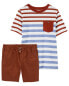 Фото #2 товара Kid 2-Piece Striped Pocket Tee & Pull-On All Terrain Shorts Set 4