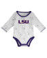 ფოტო #3 პროდუქტის Newborn and Infant Boys and Girls Purple, White LSU Tigers Dream Team Raglan Long Sleeve Bodysuit Hat and Pants Set