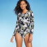 Фото #2 товара Women's Tropical Print Long Sleeve One Piece Swimsuit - Kona Sol Black L