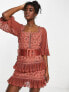 ASOS DESIGN lace mini dress with pleated chiffon and satin belt in rust