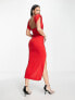 ASOS DESIGN Tall plunge neck ruched side midi dress with split in red