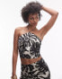 Topshop Tall Co-ord High neck satin halter suntop in mono fern smudge print