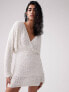 Фото #5 товара ASOS DESIGN batwing embellished drip bead wrap mini dress in white