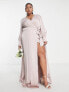 TFNC Plus Bridesmaid long sleeve satin maxi dress in mink pink