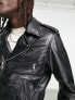 Фото #4 товара Reclaimed Vintage leather biker jacket in black with metal trims