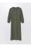 Фото #2 товара LCW Modest Bağlamalı Yaka Düz Uzun Kollu Keten Karışımlı Kadın Elbise