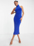 Aria Cove fluffy high neck sleeveless midi dress with cut out side detail in cobalt