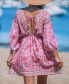 Women's Pink Floral Plunging Blouson Sleeve Mini Beach Dress