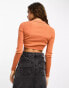 Calvin Klein Jeans label tight crop v-neck sweater in burnt clay burnt clay, M - фото #6