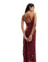 ASOS DESIGN jacquard double strap maxi dress with hook and eye split in burgundy