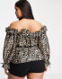 Фото #2 товара River Island Plus shirred waist bardot blouse in animal print