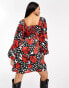 Wednesday's Girl rose bloom floral puff sleeve mini dress in black Schwarz/Weiß/rote Rose, S - фото #2