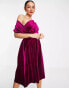 ASOS DESIGN velvet bare shoulder prom midi dress in berry