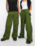 COLLUSION Unisex parachute cargo trousers with ruching in khaki