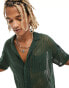 Native Youth mesh knit button through short sleeve shirt in dark green