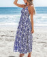 Women's Blue & White Ornate Sleeveless Halterneck Midi Beach Dress