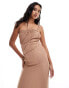 ASOS DESIGN plisse plaited one shoulder midi dress with draped front in camel Бежевый, 40 - фото #3