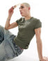 COLLUSION shrunken ribbed t-shirt in dark khaki with buckle detail