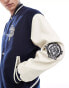 ASOS DESIGN oversized varsity jacket with faux leather sleeves in navy Синий, S - Chest 38 - фото #2