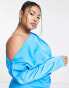 Фото #3 товара ASOS DESIGN Curve satin off the shoulder midi dress with tuck detail in blue