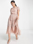 Forever New ruched waist tiered glitter midi dress in rose gold