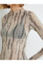 Tül Transparan Tişört Batik Desenli Uzun Kollu Dik Yaka