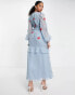 Фото #4 товара ASOS DESIGN Tall shirred waist button through midi tea dress with all over embroidery in dusty blue