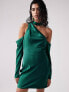 Фото #2 товара ASOS DESIGN satin asymmetric mini dress with cold shoulder detail in green