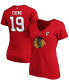 Фото #1 товара Women's Jonathan Toews Red Chicago Blackhawks Team Authentic Stack Name and Number V-Neck T-shirt