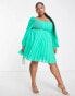 ASOS DESIGN Curve square neck pleated mini skater dress in emerald green US 14 - фото #6