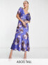 ASOS DESIGN Tall satin batwing midi dress with large floral print in purple