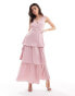 Vila Bridesmaid satin tiered maxi dress with tie belt in light pink Розовый, 42 - фото #2